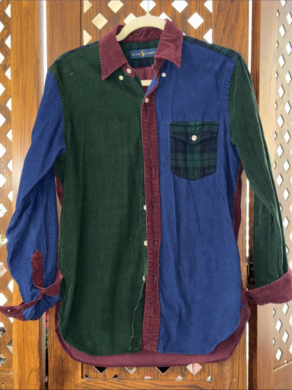 Ralph Lauren Green/Blue/Burgundy Patchwork Corduroy Button-Down Shirt